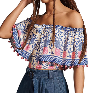 Farm Rio Off-The-Shoulder Ruffle Blouse Top Floral Pink Blue Pineapples Tropical